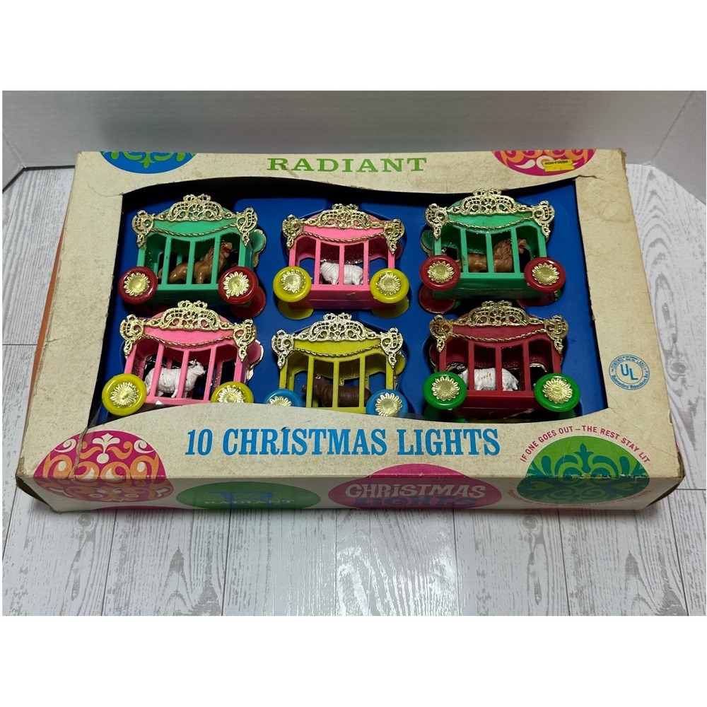 Radiant 10 Christmas Lights Circus Animal Cage String Lights Working 1960's VTG